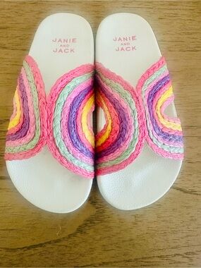 Janie and Jack White Slides with Pink, Purple, Yellow & Mint Braided Accents